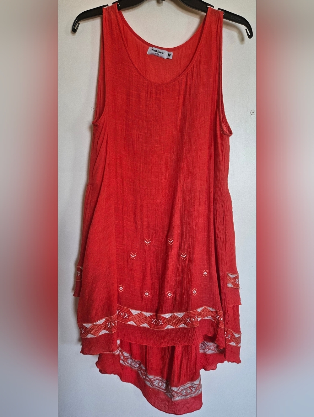 Fashion U Bug Red Sleeveless Flowy Dress Embroidered Tunic Cover up